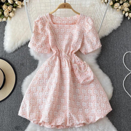 Susaine floral statement dress with bag - styled flat-lay shot, pink - Miss Mosa By Akanksha