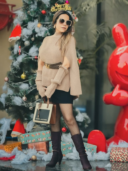 Susan Premium Winter Capes - full-length front shot on model outdoors, beige - Miss Mosa By Akanksha