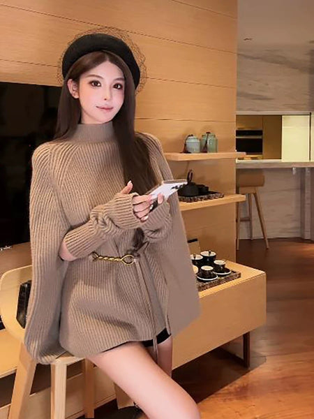 Susan Premium Winter Capes - side shot on model seated, beige - Miss Mosa By Akanksha
