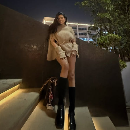 Susan Premium Winter Capes - full-length front shot on model outdoors at night, beige - Miss Mosa By Akanksha