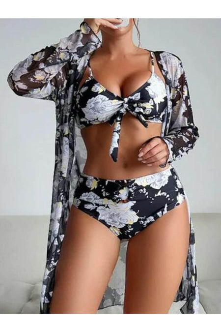 Susie Holiday Bikini Set with Cape - front shot on model, black - Miss Mosa By Akanksha