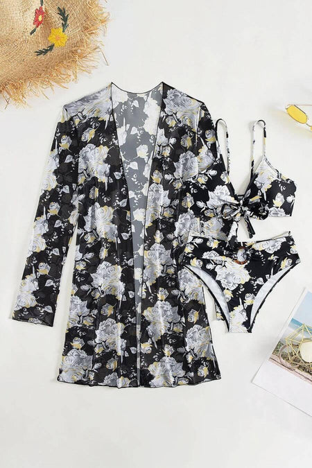 Susie Holiday Bikini Set with Cape - styled flat-lay shot, black - Miss Mosa By Akanksha