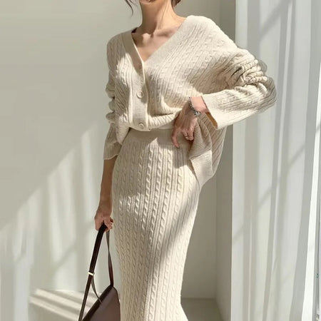 Sussane Winter Coord Set - Set of Sweater and Skirt - side shot on model, cream - Miss Mosa By Akanksha