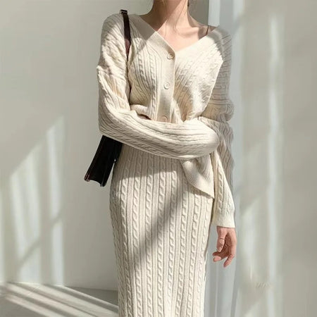 Sussane Winter Coord Set - Set of Sweater and Skirt - front shot on model, cream - Miss Mosa By Akanksha