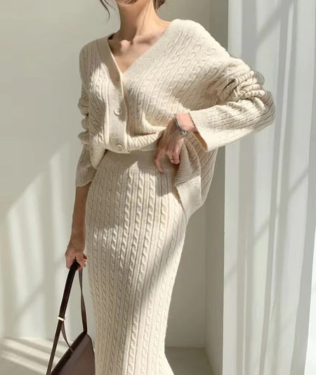 Sussane Winter Coord Set - Set of Sweater and Skirt - side shot on model, cream - Miss Mosa By Akanksha