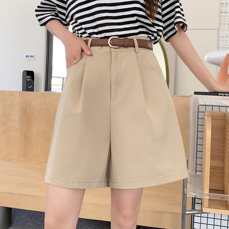 Sutton Statement Shorts With Belt In Khaki - front shot on model - Miss Mosa By Akanksha