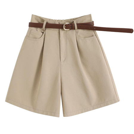 Sutton Statement Shorts With Belt In Khaki - flat-lay product shot with belt - Miss Mosa By Akanksha
