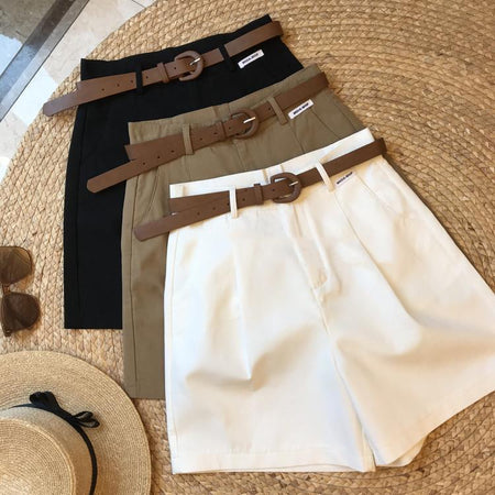 Sutton Statement Shorts With Belt In Khaki - flat-lay product shot of three colourways with belts - Miss Mosa By Akanksha