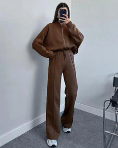 Suya Comfortable Premium Trackset - full-length front shot on model in mirror, brown - Miss Mosa By Akanksha