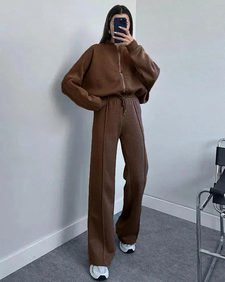 Suya Comfortable Premium Trackset - full-length front shot on model in mirror, brown - Miss Mosa By Akanksha