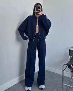 Suya Comfortable Premium Trackset - full-length front shot on model in mirror, navy - Miss Mosa By Akanksha