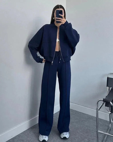 Suya Comfortable Premium Trackset - full-length front shot on model in mirror, navy - Miss Mosa By Akanksha
