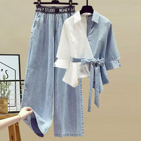 Suya Summer Coord Set In Blue - flat-lay product shot of top and trousers on hangers - Miss Mosa By Akanksha