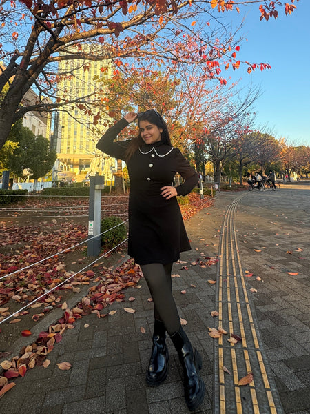 Suzie Doll Collar Statement Dress - lifestyle shot on model, black - Miss Mosa By Akanksha