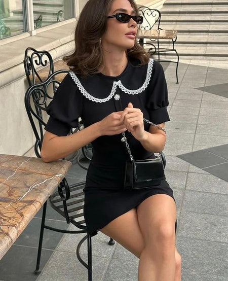 Suzie Doll Collar Statement Dress - lifestyle shot on model, black - Miss Mosa By Akanksha