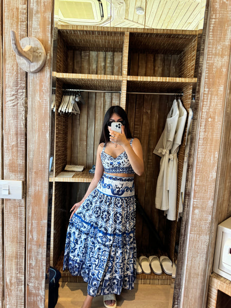 Suzie Porcelain Print Luxury Coord Set In Blue - full-length shot on model, blue - Miss Mosa By Akanksha