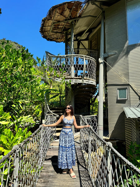Suzie Porcelain Print Luxury Coord Set In Blue - full-length shot on model, blue - Miss Mosa By Akanksha