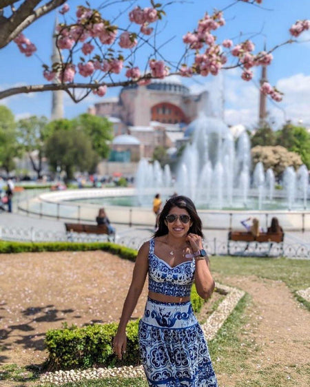 Suzie Porcelain Print Luxury Coord Set In Blue - lifestyle shot on model, blue - Miss Mosa By Akanksha