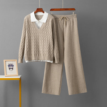 Suzzie Luxe Winter Coord Set - flat-lay product shot, oatmeal beige - Miss Mosa By Akanksha