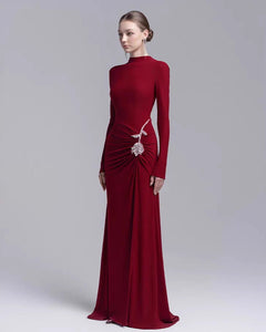 Svea Embellished Slit Maxi Dress - front shot on model, burgundy - Miss Mosa By Akanksha