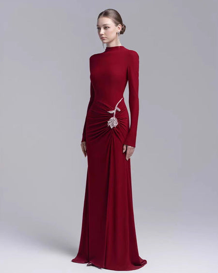 Svea Embellished Slit Maxi Dress - front shot on model, burgundy - Miss Mosa By Akanksha
