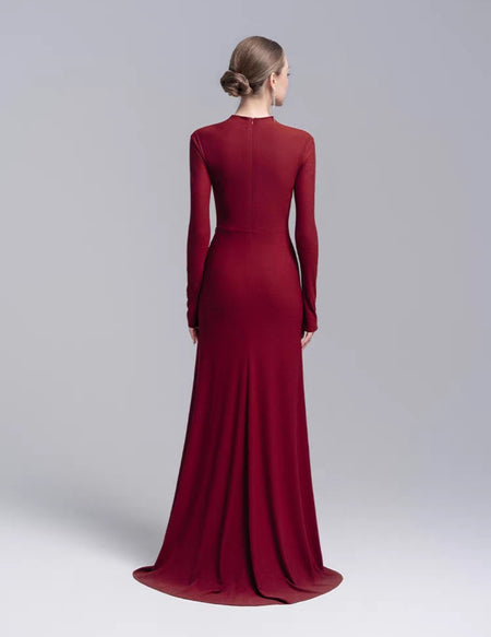 Svea Embellished Slit Maxi Dress - back shot on model, burgundy - Miss Mosa By Akanksha