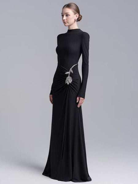 Svea Embellished Slit Maxi Dress - front shot on model, black - Miss Mosa By Akanksha