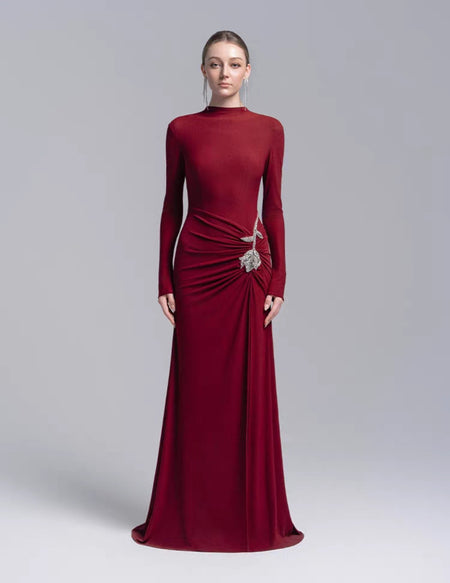 Svea Embellished Slit Maxi Dress - front shot on model, burgundy - Miss Mosa By Akanksha
