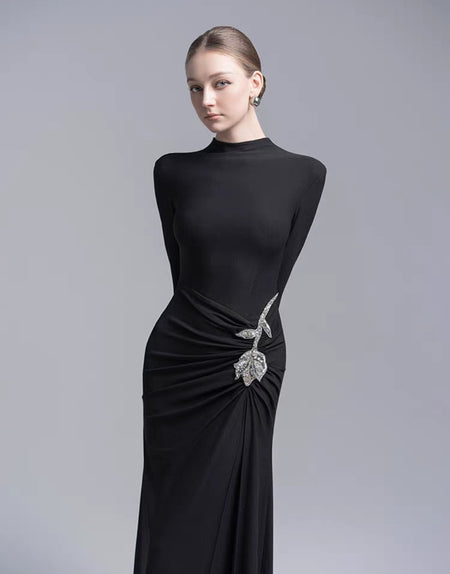 Svea Embellished Slit Maxi Dress - front shot on model, black - Miss Mosa By Akanksha