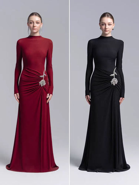 Svea Embellished Slit Maxi Dress - front shot of two colourways on models, burgundy and black - Miss Mosa By Akanksha