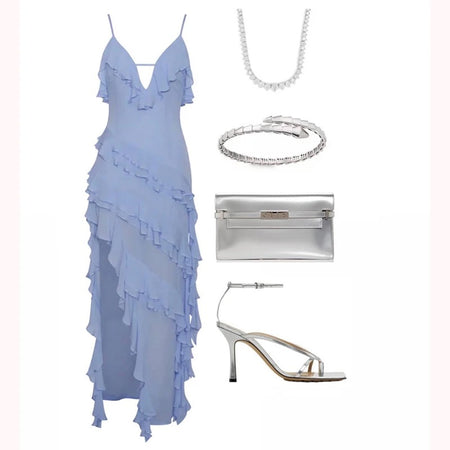 Swiss Ruffled Maxi Dress in Blue - styled flat-lay shot, blue - Miss Mosa By Akanksha