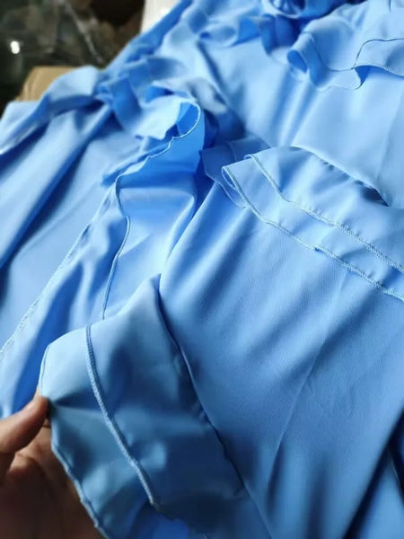 Swiss Ruffled Maxi Dress in Blue - close-up of ruffle fabric, blue - Miss Mosa By Akanksha