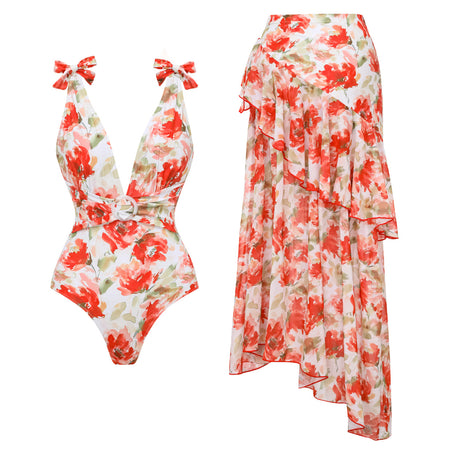 Sylvie Floral Swimsuit With Skirt - flat-lay shot, red floral on white - Miss Mosa By Akanksha