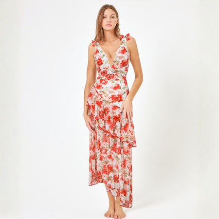 Sylvie Floral Swimsuit With Skirt - full-length shot, red floral on white - Miss Mosa By Akanksha