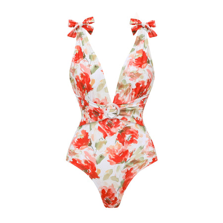 Sylvie Floral Swimsuit With Skirt - flat-lay shot, red floral on white - Miss Mosa By Akanksha