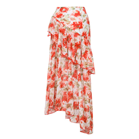 Sylvie Floral Swimsuit With Skirt - flat-lay shot, red floral on white - Miss Mosa By Akanksha