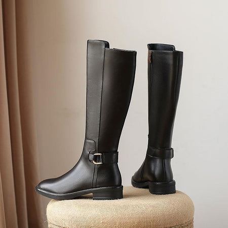 Sylvie Knee Leather Boots - flat-lay product shot of two boots, black - Miss Mosa By Akanksha