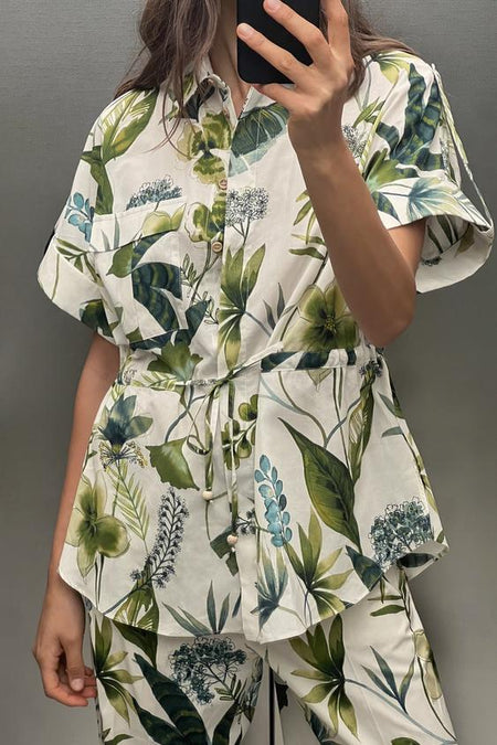 Taisiya Statement floral Coord Set In Multicolour - close-up shot of shirt on model - Miss Mosa By Akanksha