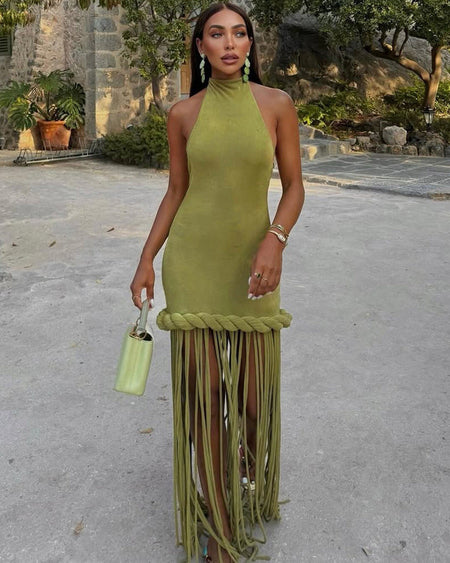 Tanya Halterneck Fringe Maxi Dress - full-length front shot, green - Miss Mosa By Akanksha