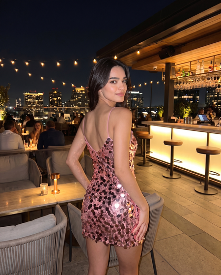 Tara Sequin Mini Dress - back shot on model, pink sequin - Miss Mosa By Akanksha