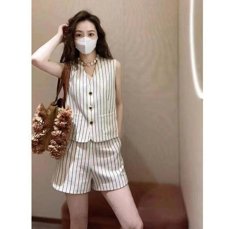 Tarly Striped Summer Coord Set In White - front shot on model - Miss Mosa By Akanksha