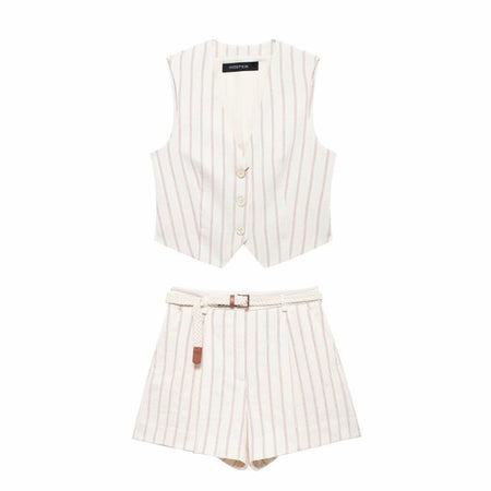 Tarly Striped Summer Coord Set In White - flat-lay product shot of waistcoat and shorts - Miss Mosa By Akanksha