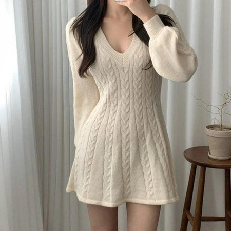 Taron Knitted A- Line Dress - front shot on model, cream - Miss Mosa By Akanksha