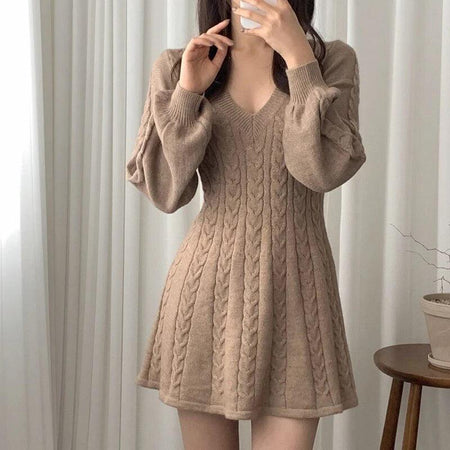 Taron Knitted A- Line Dress - front shot on model, brown - Miss Mosa By Akanksha