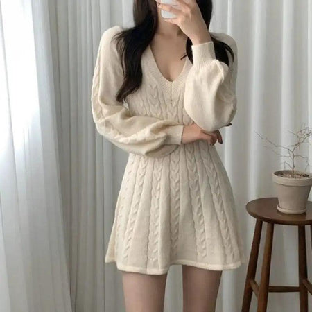 Taron Knitted A- Line Dress - front shot on model, cream - Miss Mosa By Akanksha