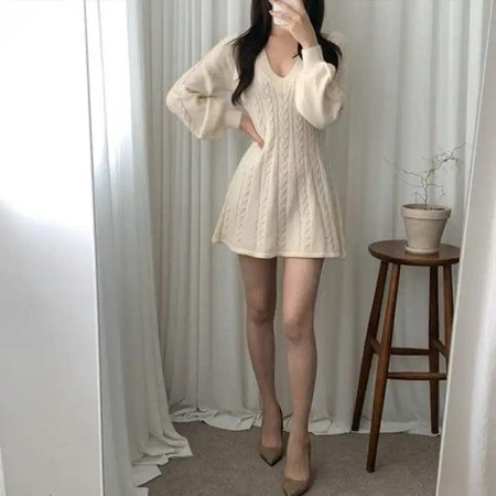 Taron Knitted A- Line Dress - full-length shot on model, cream - Miss Mosa By Akanksha