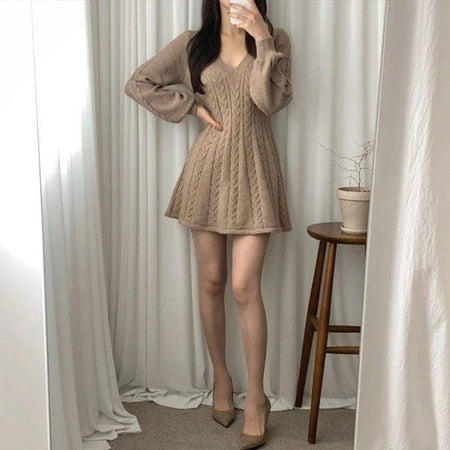 Taron Knitted A- Line Dress - full-length shot on model, brown - Miss Mosa By Akanksha