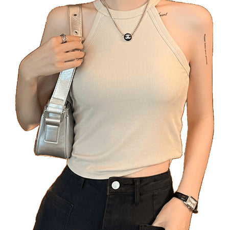 Tassie Tank Tops with Inbuilt Bra In Beige - front shot on model with bag - Miss Mosa By Akanksha