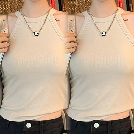 Tassie Tank Tops with Inbuilt Bra In Beige - front shot on model showing strap detail - Miss Mosa By Akanksha
