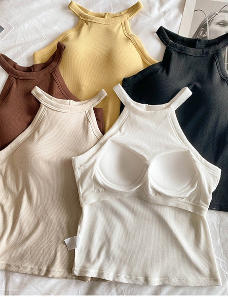 Tassie Tank Tops with Inbuilt Bra In Brown - flat-lay product shot of multiple colourways - Miss Mosa By Akanksha